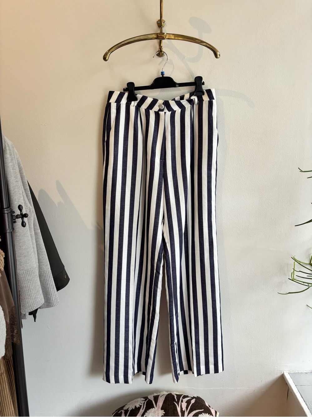 Vilagallo Navy and White Striped Wide-Leg Chinos
